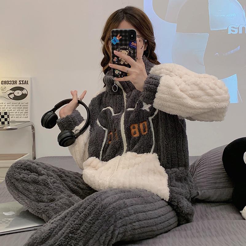 Nightgown Female Autumn and Winter Coral Velvet Thickened with Velvet Comfortable Loose Outside Wearing Long Pants Winter Warm Long Sleeve Long Suit
