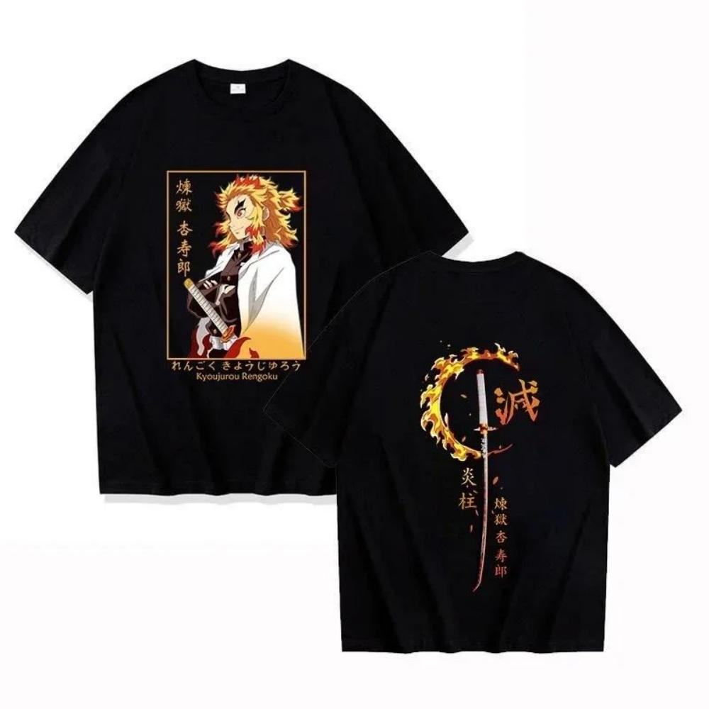 

Горячая новинка аниме Rengoku Kyoujurou Printed мужские и женские летние футболки с коротким рукавом, круглый вырез, повседневные топы Harajuku унисекс Y2k S чёрный