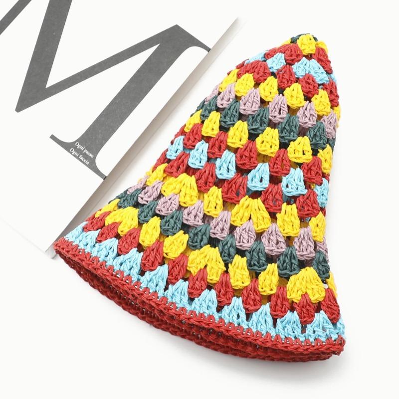 Color Dopamine Hollow Straw Hat Women's Summer Seaside Vacation Bucket Hat Sunshade Sunscreen Woven Hat