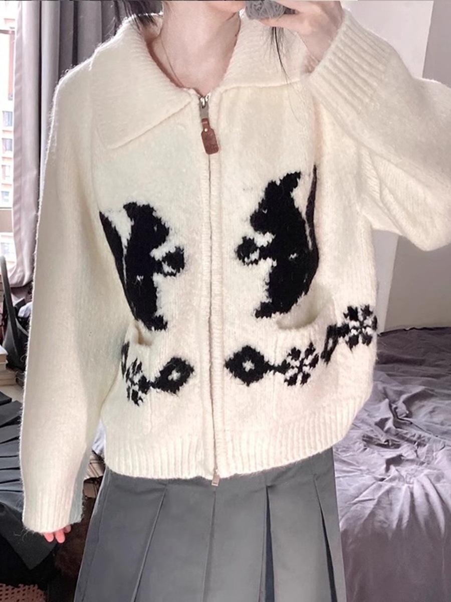 

Rabbit jacquard lapel zipper sweater jacket women s autumn and winter retro lazy wind contrasting color soft waxy knitted cardigan one size fits all белый