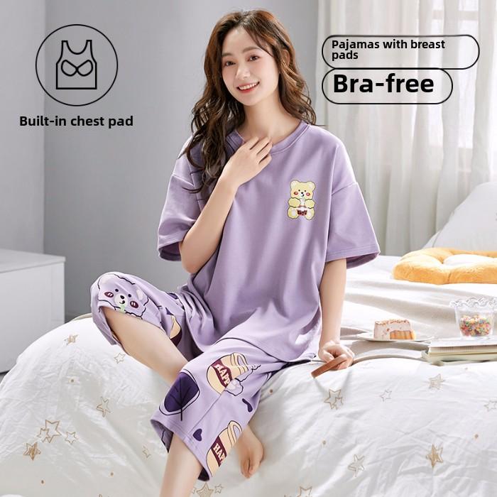 2025 Sommer Damen Pyjama Set mit Brustpolster Weich locker Kurzarm Oberteile und Caprihosen Zweiteilige Nachtwäsche Lingerie Homewear