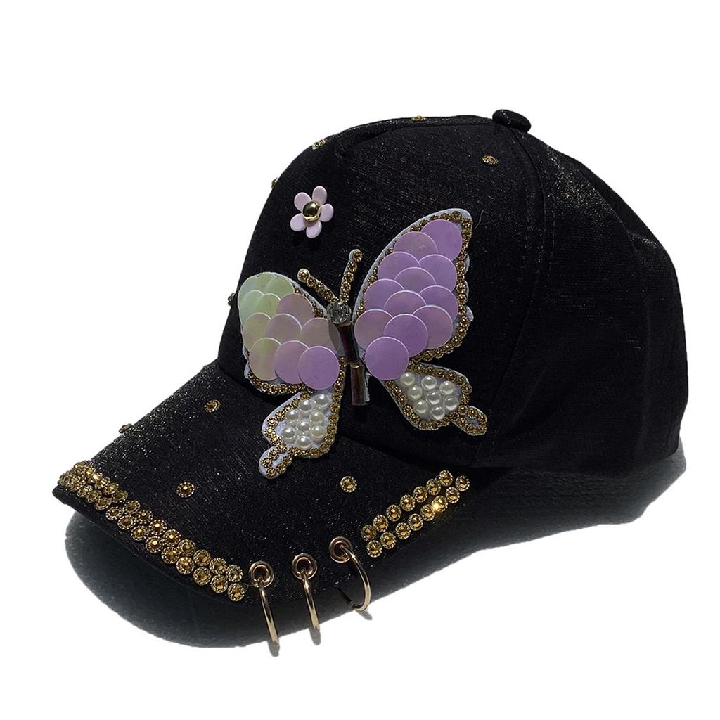 Fashion Ladies Bling Sequin Butterfly Baseball Cap, Rhinestone Trim Metal Ring Decor Adjustable Sun‑Protection Peaked Hat for Daily Party Street