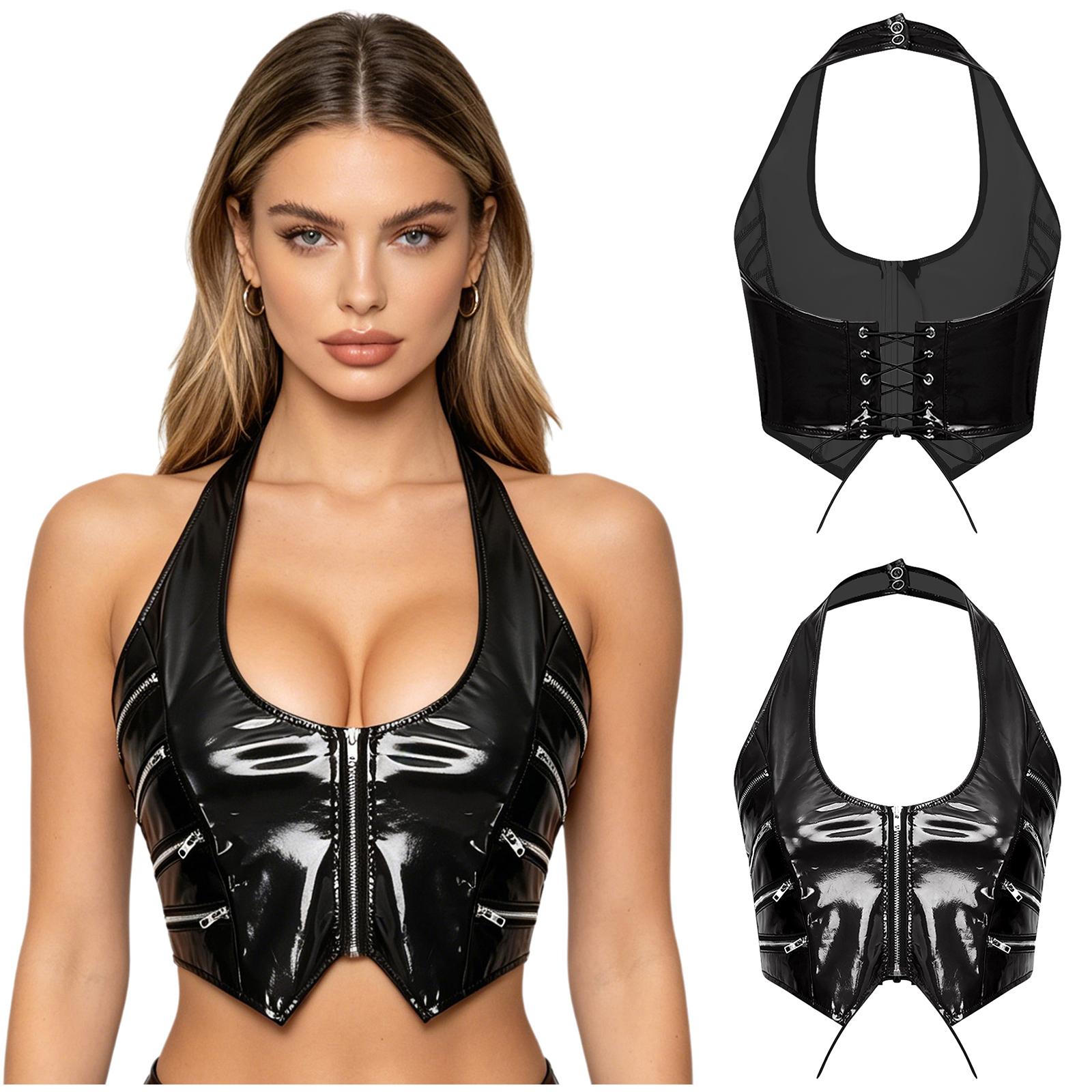S-XXL Damen Glänzendes PU-Leder Neckholder Crop Top Reißverschluss vorne Schnürung hinten V-Ausschnitt Mini-Korsett Y2k Clubwear Tanktop S schwarz