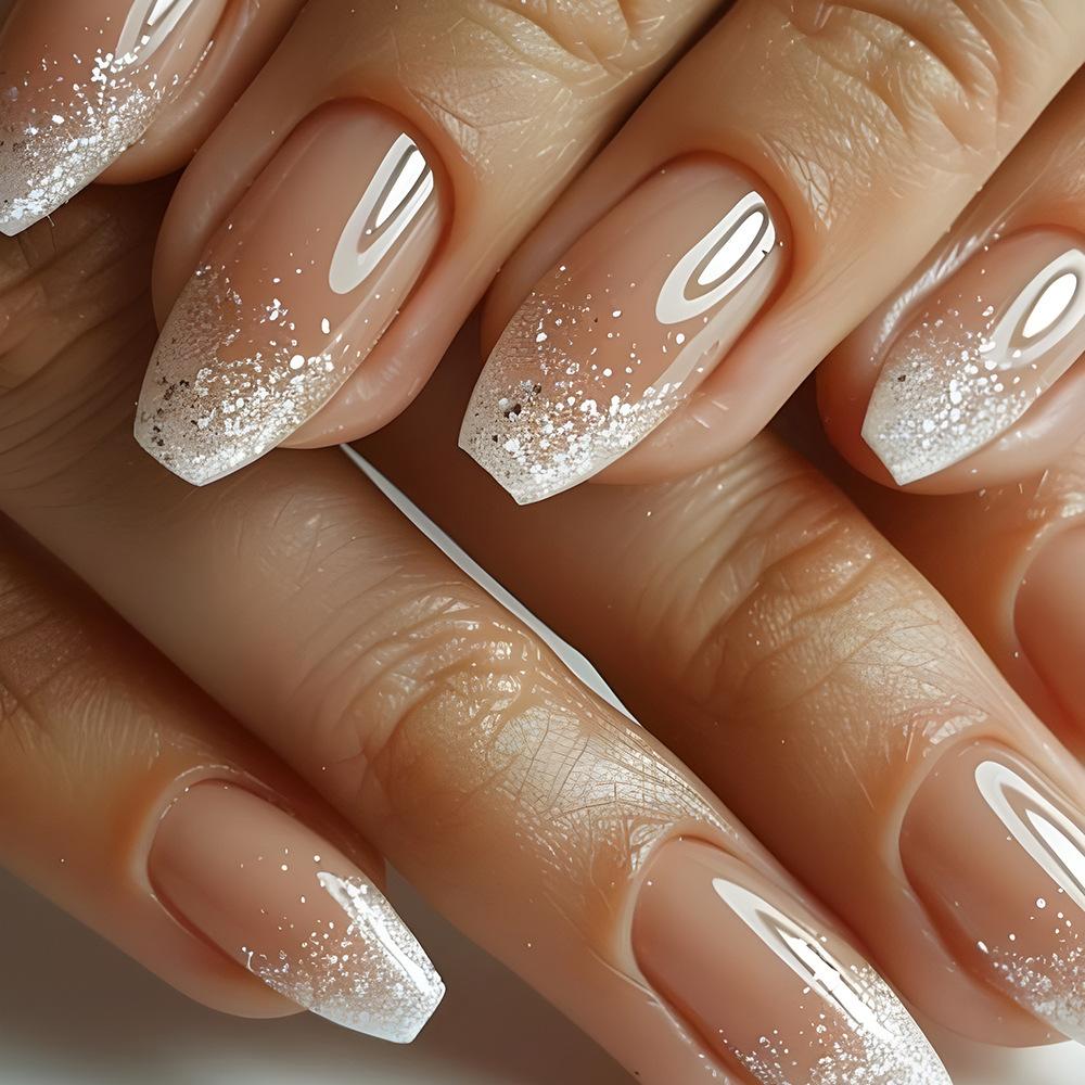 24 pz/set Quick Nails Glitter Bianco Gradiente Nail Art French Unghie Indossabili Adesivi per Unghie Rimovibili Impermeabili Unghie Finte