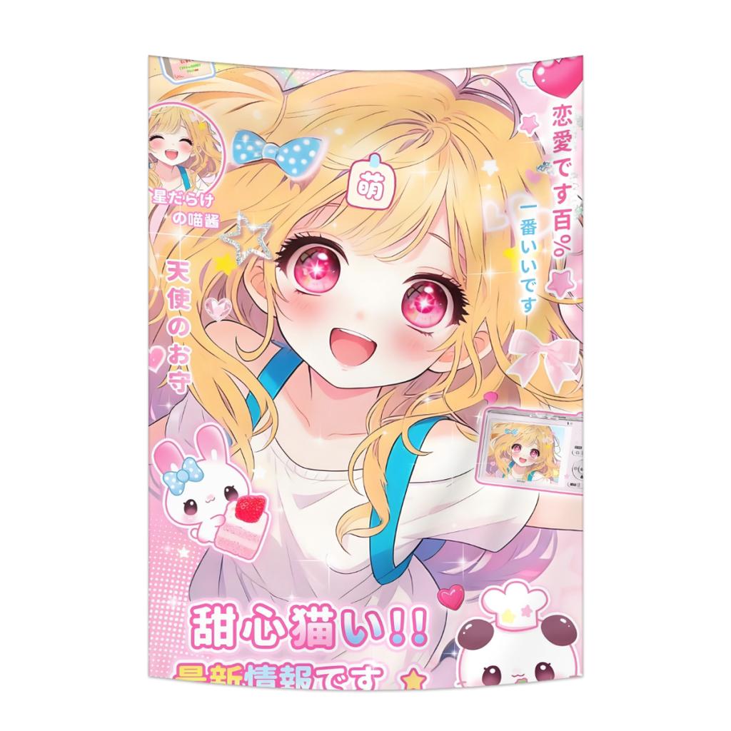 Sweet Anime Girl Tapestry Kawaii Cartoon Style With Cute Animals And Japanese Phrases Wall Decor Background Cloth