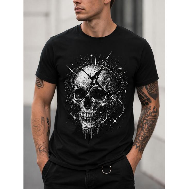 Men's Black Short-sleeve Crew Neck T-shirt with Edgy Skull Lightning Graphic Print, Soft Cotton Feel, Relaxed Fit for Streetwear Casual Daily Wear
