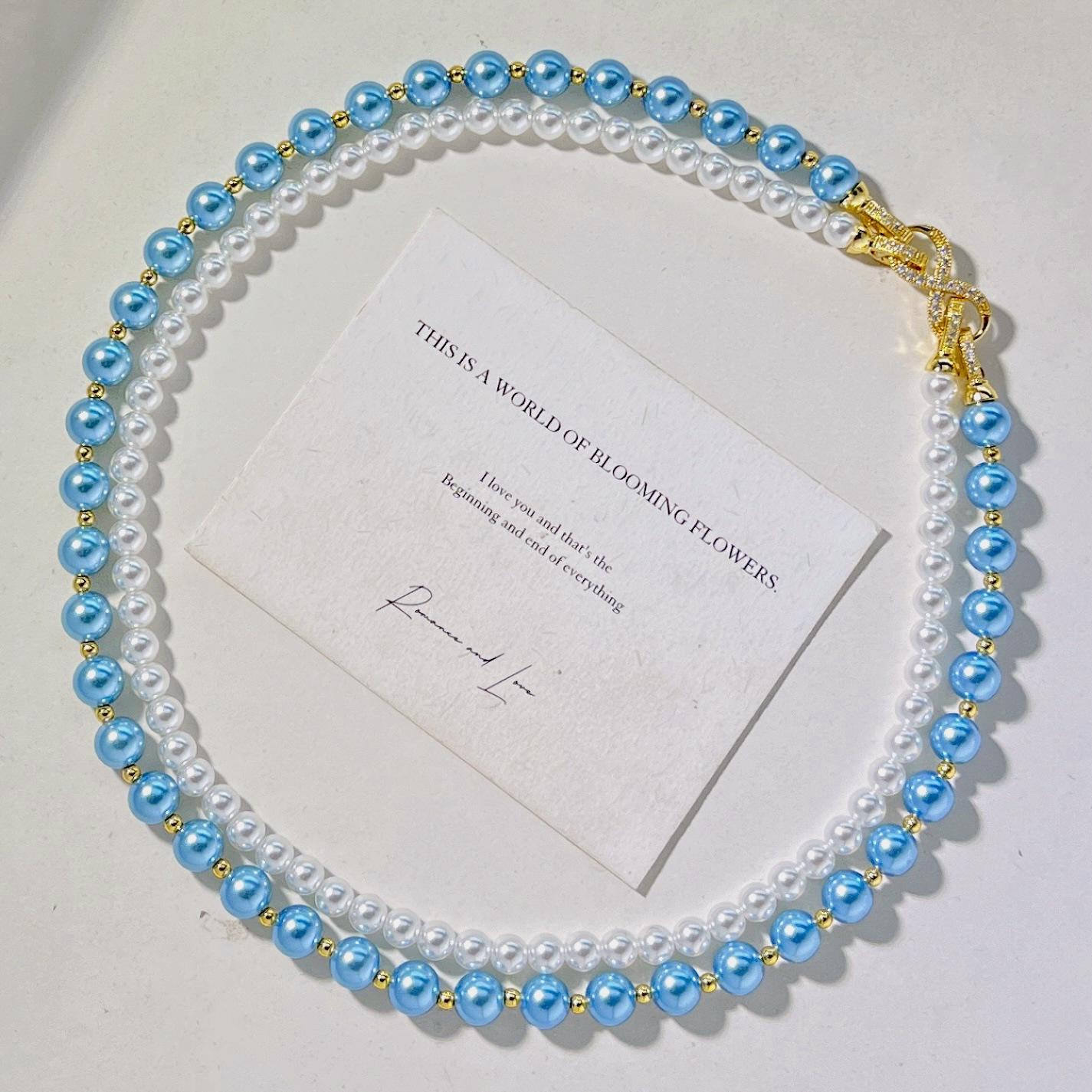 High-Gloss Peacock Blue Double-Layer Faux Crystal Pearl Design Necklace Collarbone Chain Sweater Chain