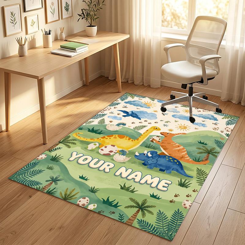 Dinosaur Theme Crystal Velvet Rug Personalized Custom Name Text Soft Floor Mat Home Decor