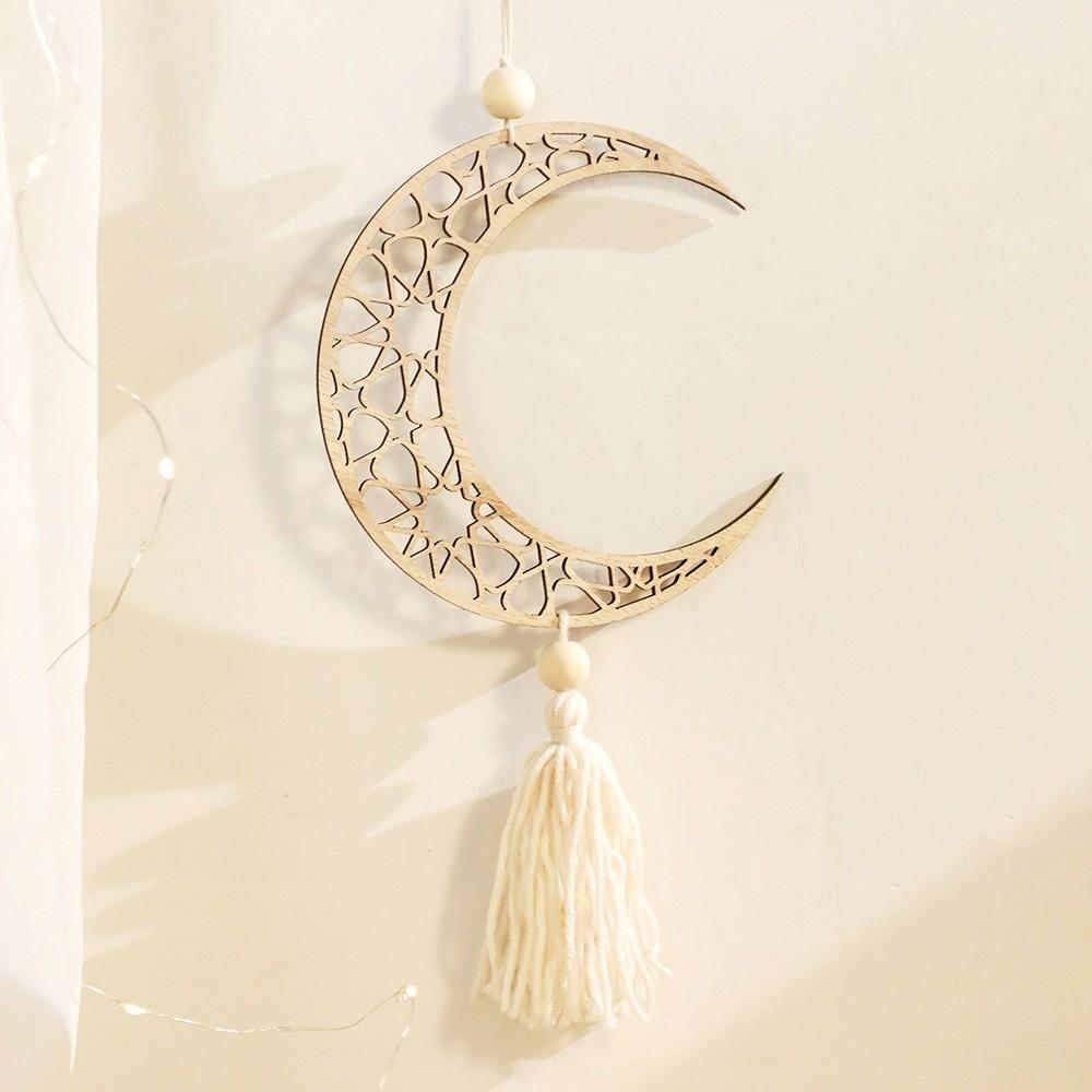 with Tassels Moon Star Hollow Mesh Wall Decor Handmade Wooden Handicraft Pendant Home Decoration