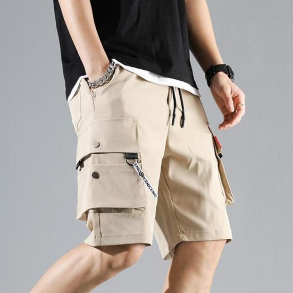 Summer Men Elastic Waistband Drawstring Shorts Multi Pockets Solid Color Straight Wide Leg Mid-rise Sport Cargo Shorts Streetwear