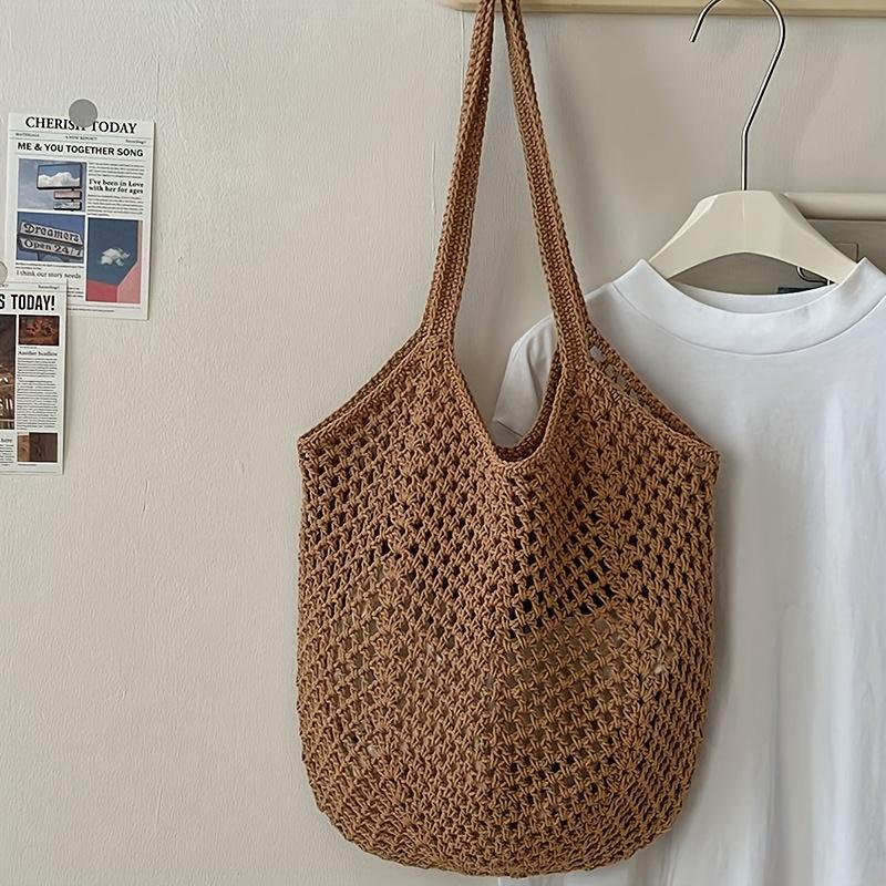 Crochet Mesh Tote Bag Hollow Woven Shoulder Bag Reusable Lightweight Knit Market Bag for Beach Travel Shopping and Daily Use