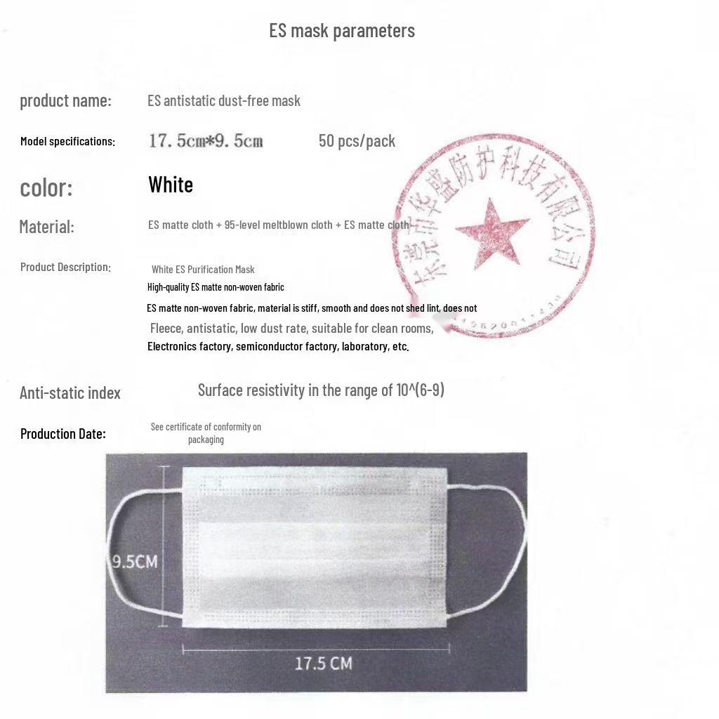 ES Dust-Free Anti-Static Cleanroom Mask, Lint-Free, Disposable, 2-Layer & 3-Layer Options, Smooth & Breathable