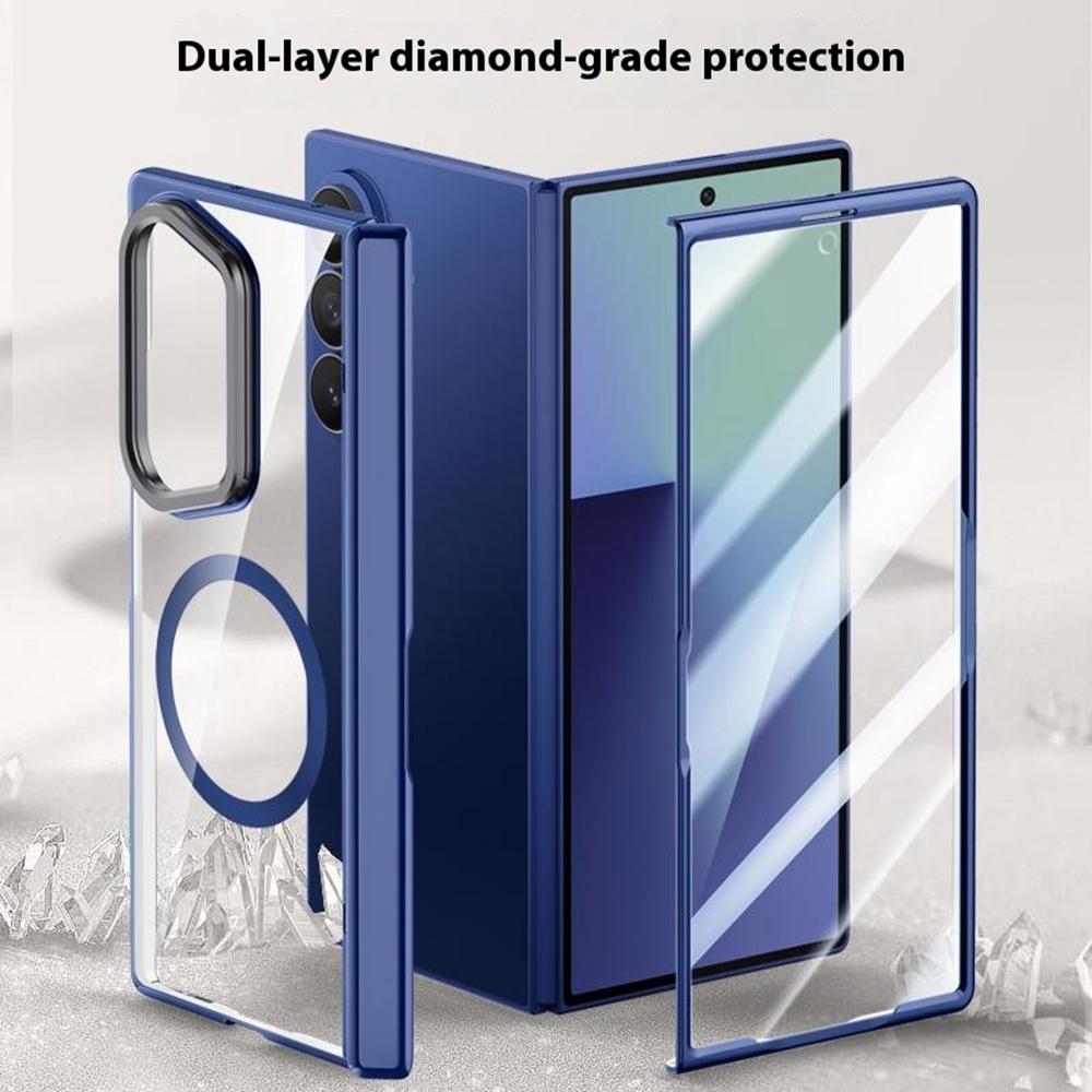 For Samsung Galaxy Z Fold7 5G Magnetic Case PC+Acrylic Phone Cover with Anti-Spy Screen Protector,Lens Kickstand