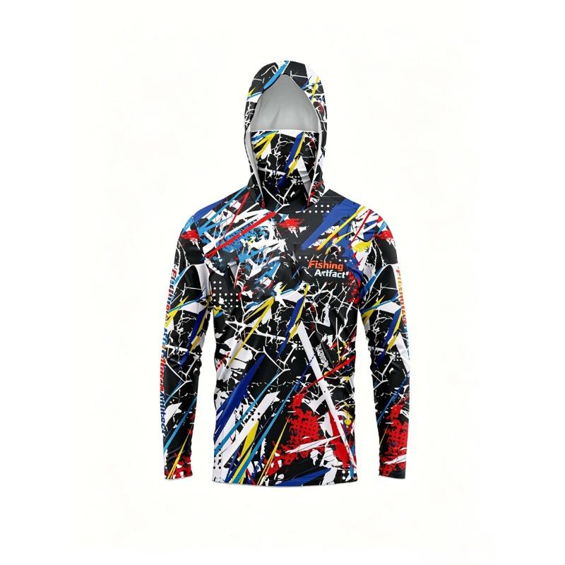 Men‘s Long Sleeve Hooded Fishing Shirt with Face Mask, Letter Print On Front, Breathable Quick Dry Lightweight Outdoor Top