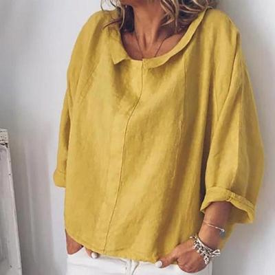 Blusas de algodón para mujer, blusa de Color sólido de manga larga de verano, camisas con cuello vuelto, Top de talla grande