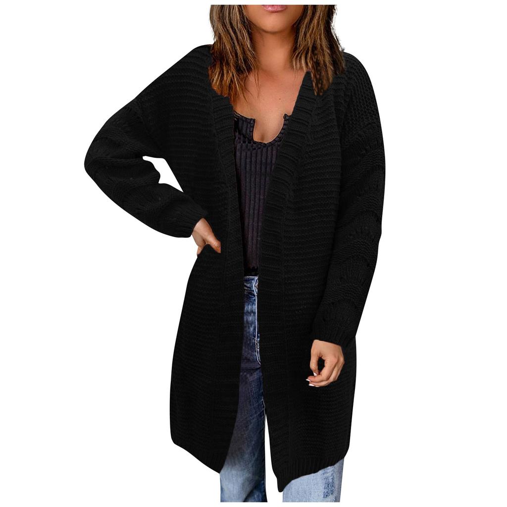 Women's Fashionable Loose Fitting Solid Color Medium Length Knitted Sweater Cardigan Jacket