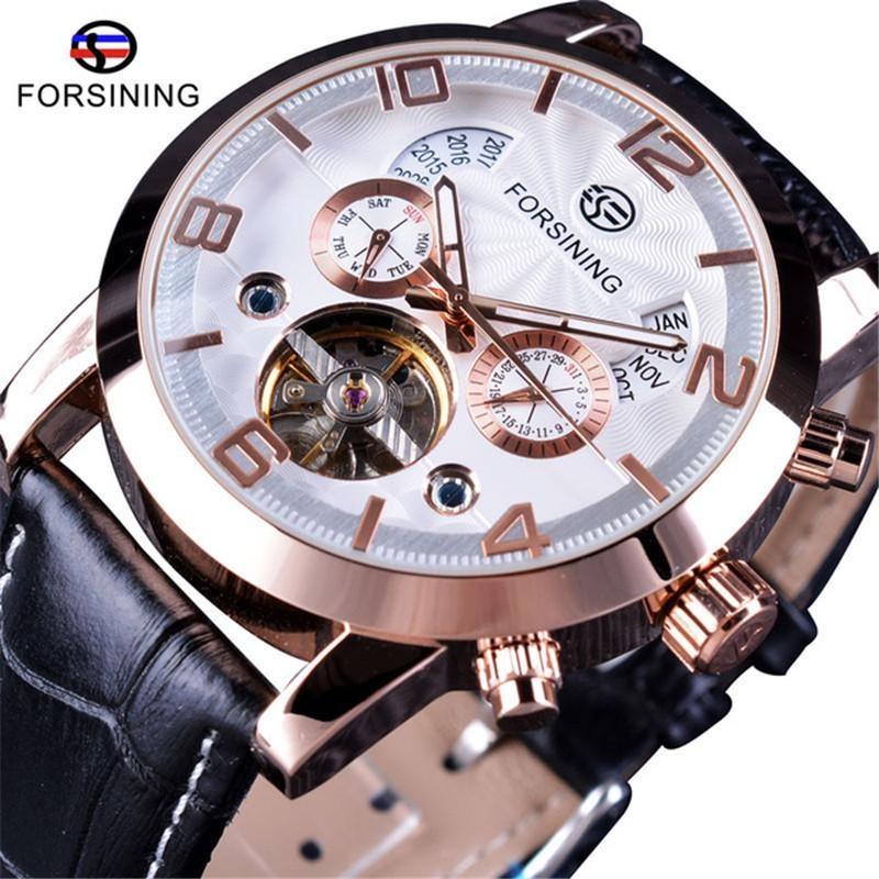 FORSINING Men's Tourbillon Mechanical Watches Calendar Automatic Movement Genuine Leather Strap Wrist Watches