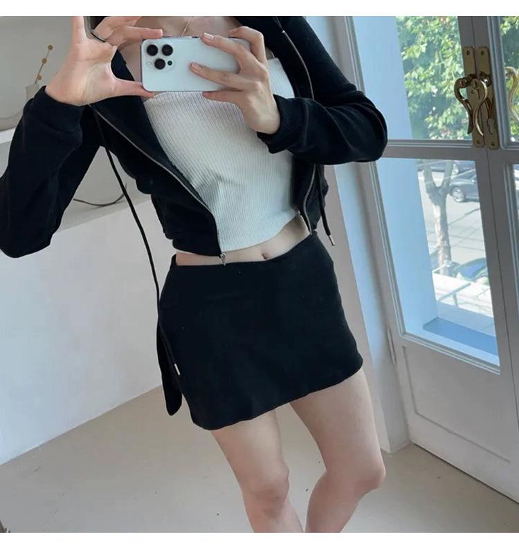 Korean Slim Sexy Cropped Hooded Cardigan & Low-Rise Skirt Set for Women
