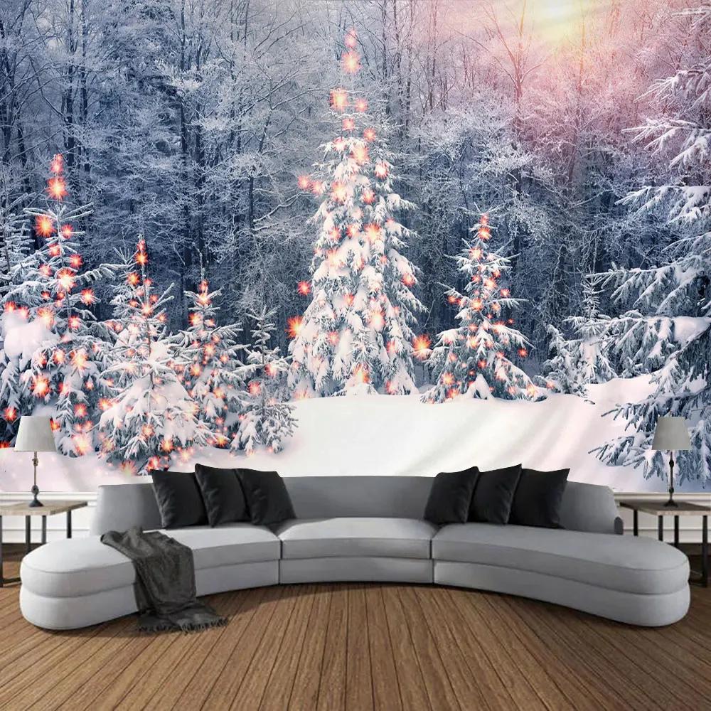 Christmas Tapestry Window Winter Forest Snow Scene Wall Tapestry Living Room Bedroom Holiday Decoration Home Decoration 100X70CM