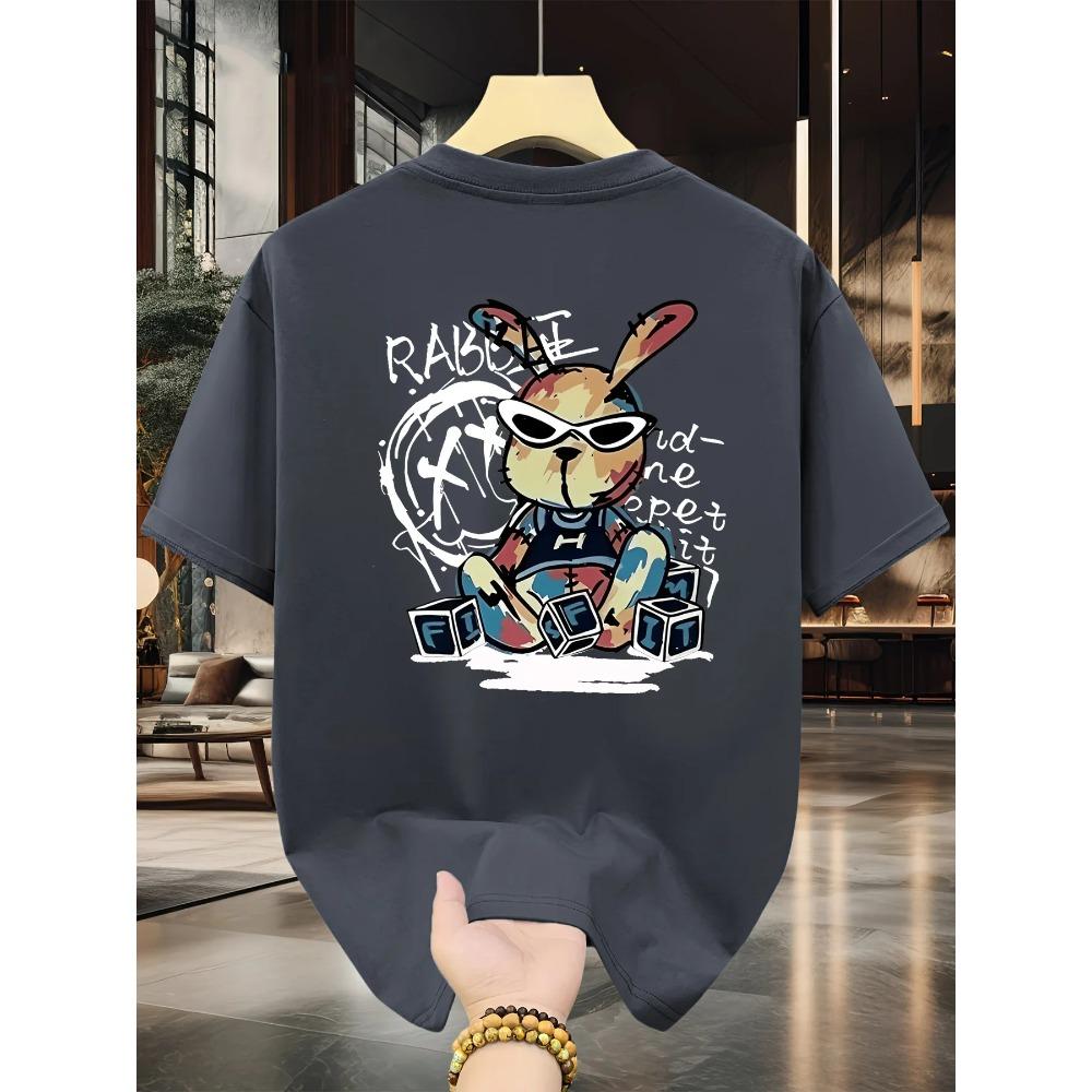 Herren Sommer 100% reine Baumwolle modisch lässig locker schwarzes Kaninchen Cartoon Muster bedruckt Rundhals Kurzarm T-Shirt Top