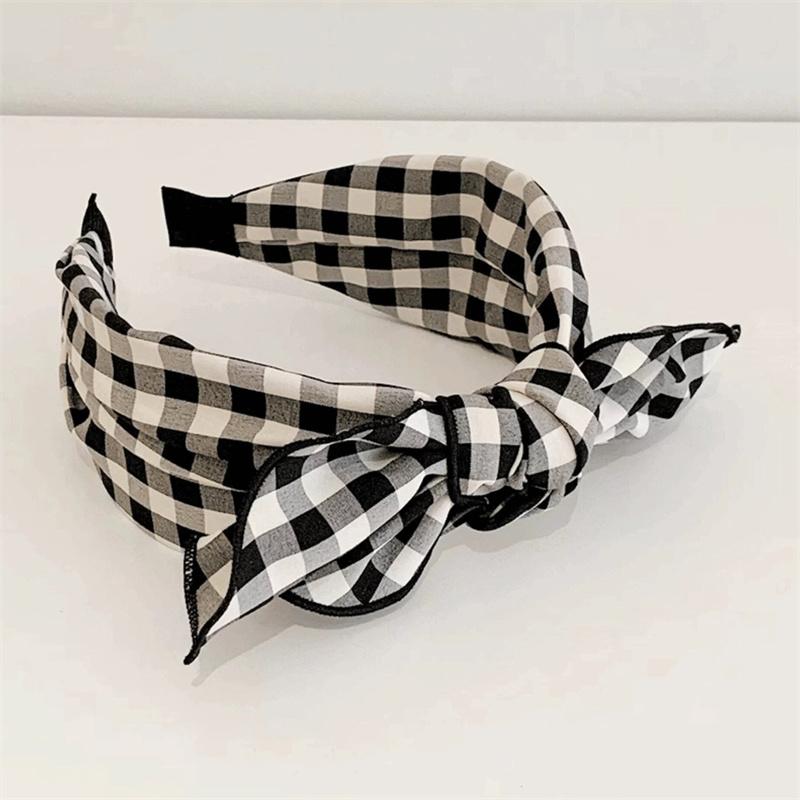 Women's White Black Plaid Headband with Center Bow Knot for Lady Girls Daily Casual Hair Hoop Accessories