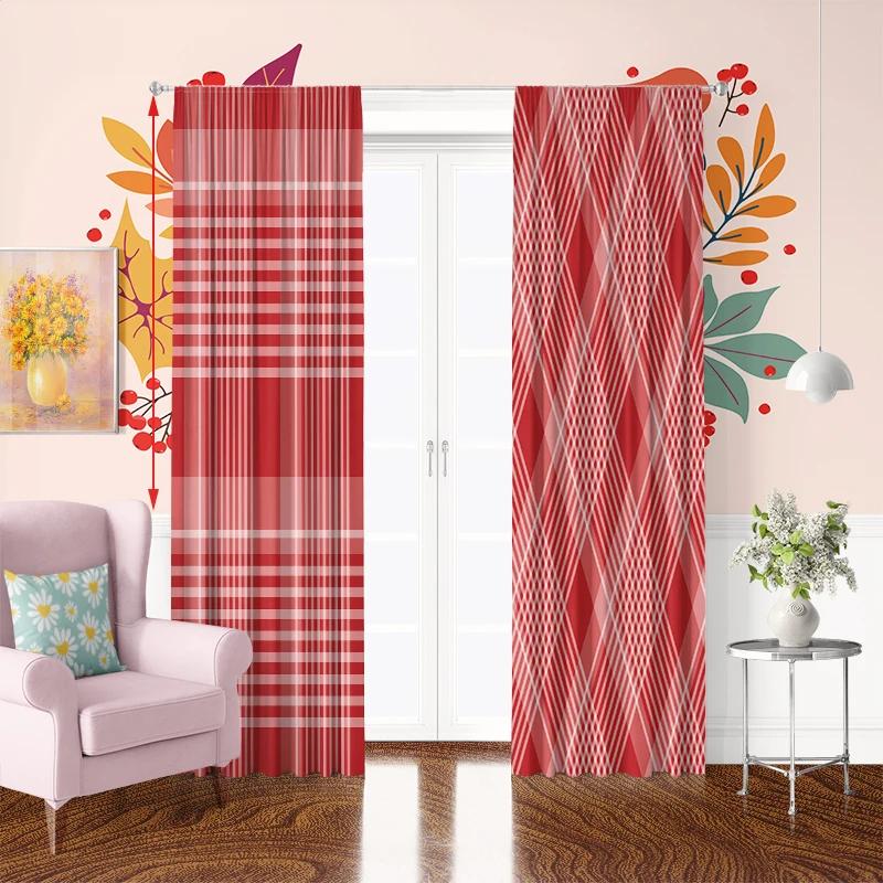 2Pcs- Red stripe - Printed curtain - Polyester material - suitable for family bedroom curtain living room decoration
