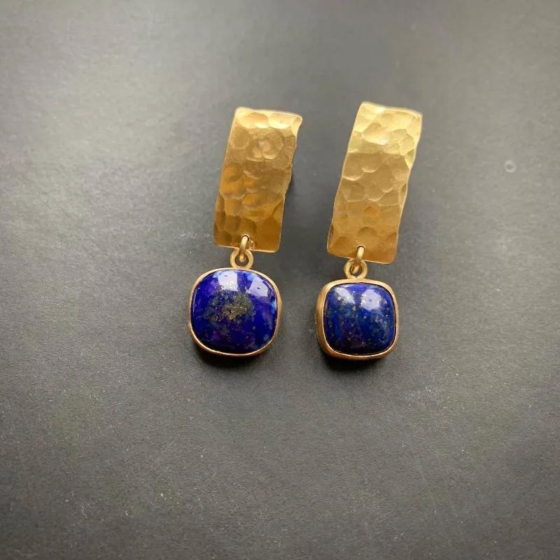 Boho Lapis Lazuli Square Shape Drop Dangle Earrings Retro Style Golden Women'S Jewelry