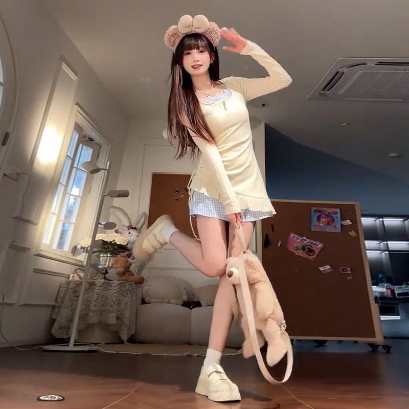 

Pure desire sweet spice girl neck fake two-piece dress children s autumn and winter new long-sleeved knitted hip-wrapped skirt XL