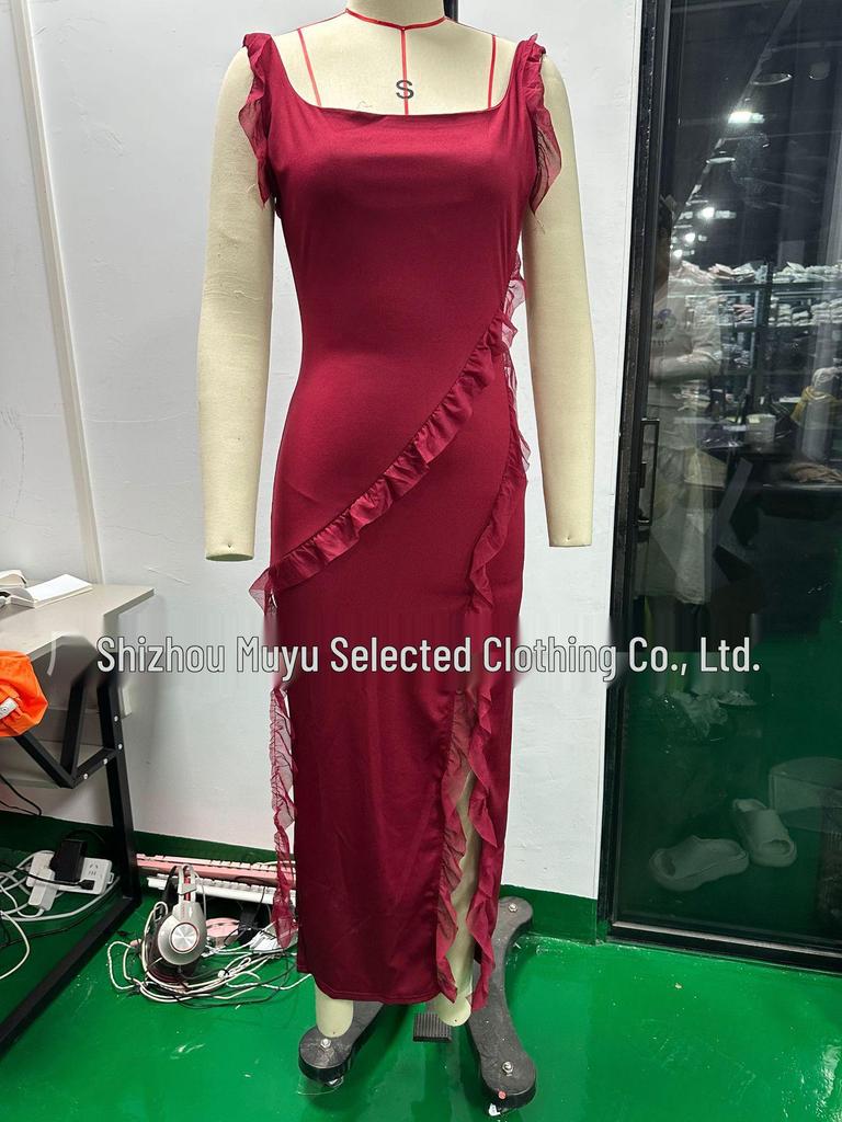 2024 Summer Elegant Slim Fit Dress with Ruffle Patchwork and Slit Design