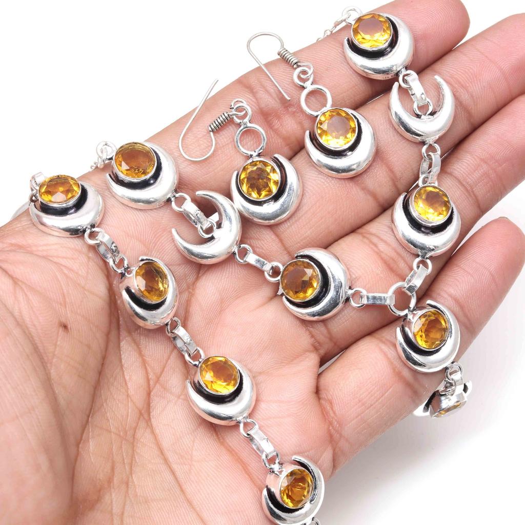 Citrine Quartz Gemstone Handmade Ethnic Jewelry Necklace Set 18-20''