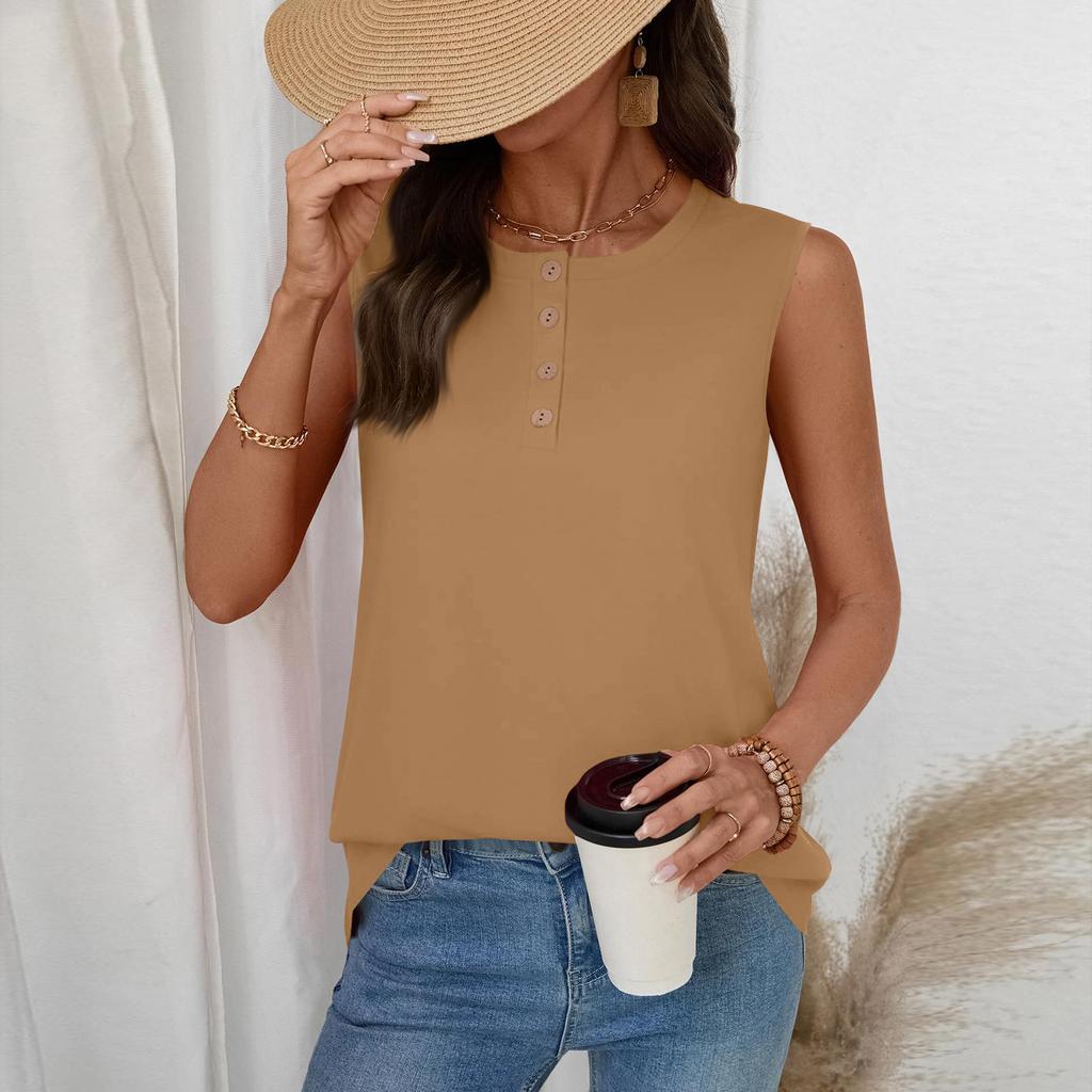 Damen Lässige Mode Knopfleiste Rundhals Ärmelloses T-Shirt Weste
