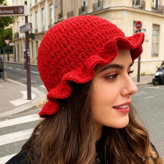 Fisherman Hat Solid Color Ruffled Brim Design Knitting Hat Windproof Warm Sun Protection Outdoor Activities Hat