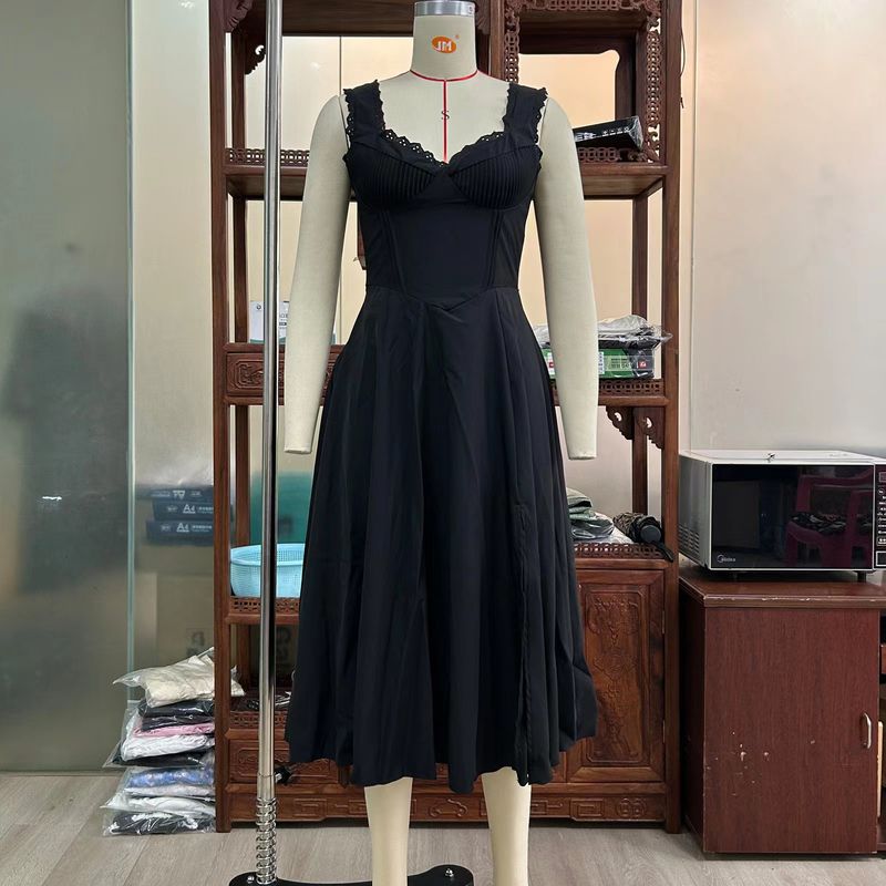 

Модный стиль V-образный вырез Утягивающее талию На шнуровке Элегантное Сексуальное Кружевное платье на бретелях Сексуальное платье на подтяжках Black M