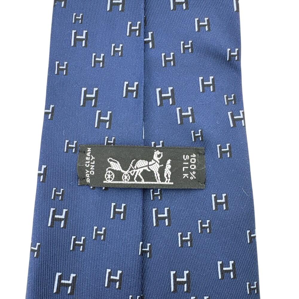 HERMES H pattern silk tie Navy silk Used