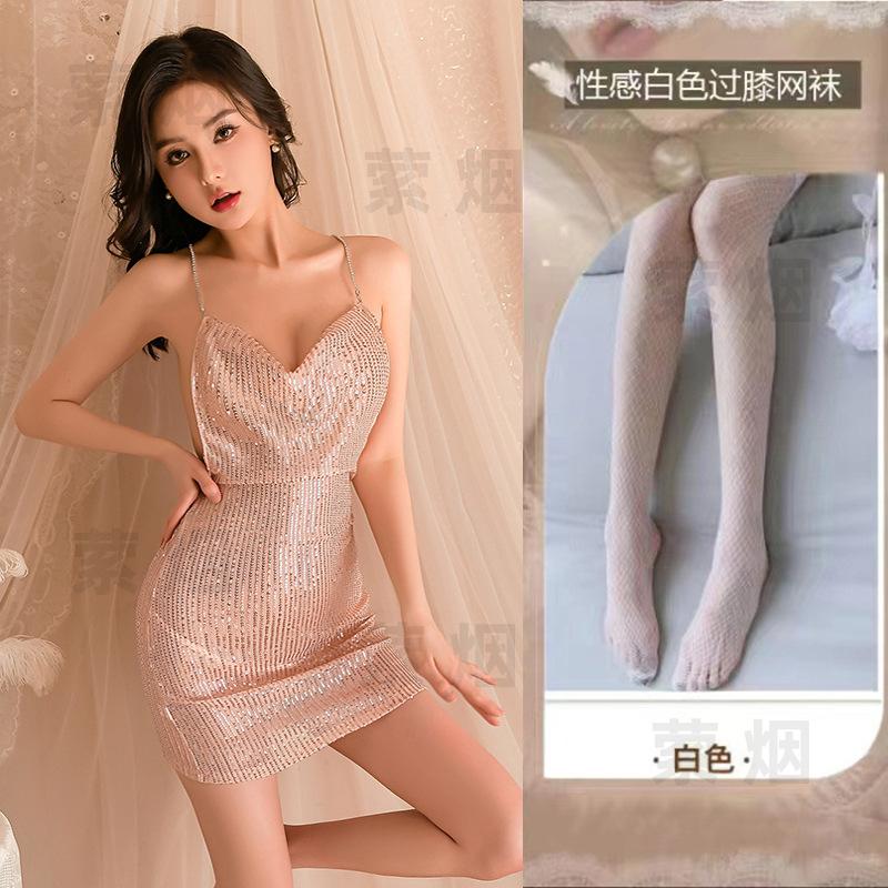 Deep V breast suspender nightdress hot sexy flash nightdress uniform suit halter cos hip skirt