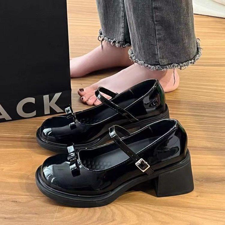 Bow One-word Buckle with Mary Jane Shoes Women's 2025 Spring and Summer New Thick Heel Retro British Style French Small Leather Shoes