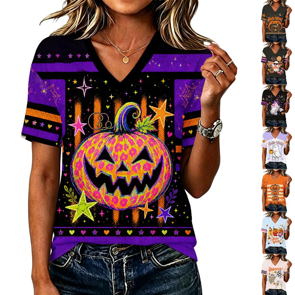 Women's Casual V-Neck Loose Fit Halloween Printed T-Shirt