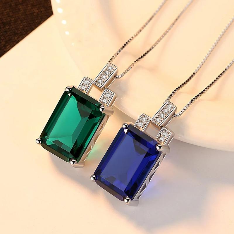 925 Sterling Silver Pendant Necklace for Women Fashion Luxury Emerald Cut Green Cubic Zirconia Party Wedding Fine Jewelry Gift