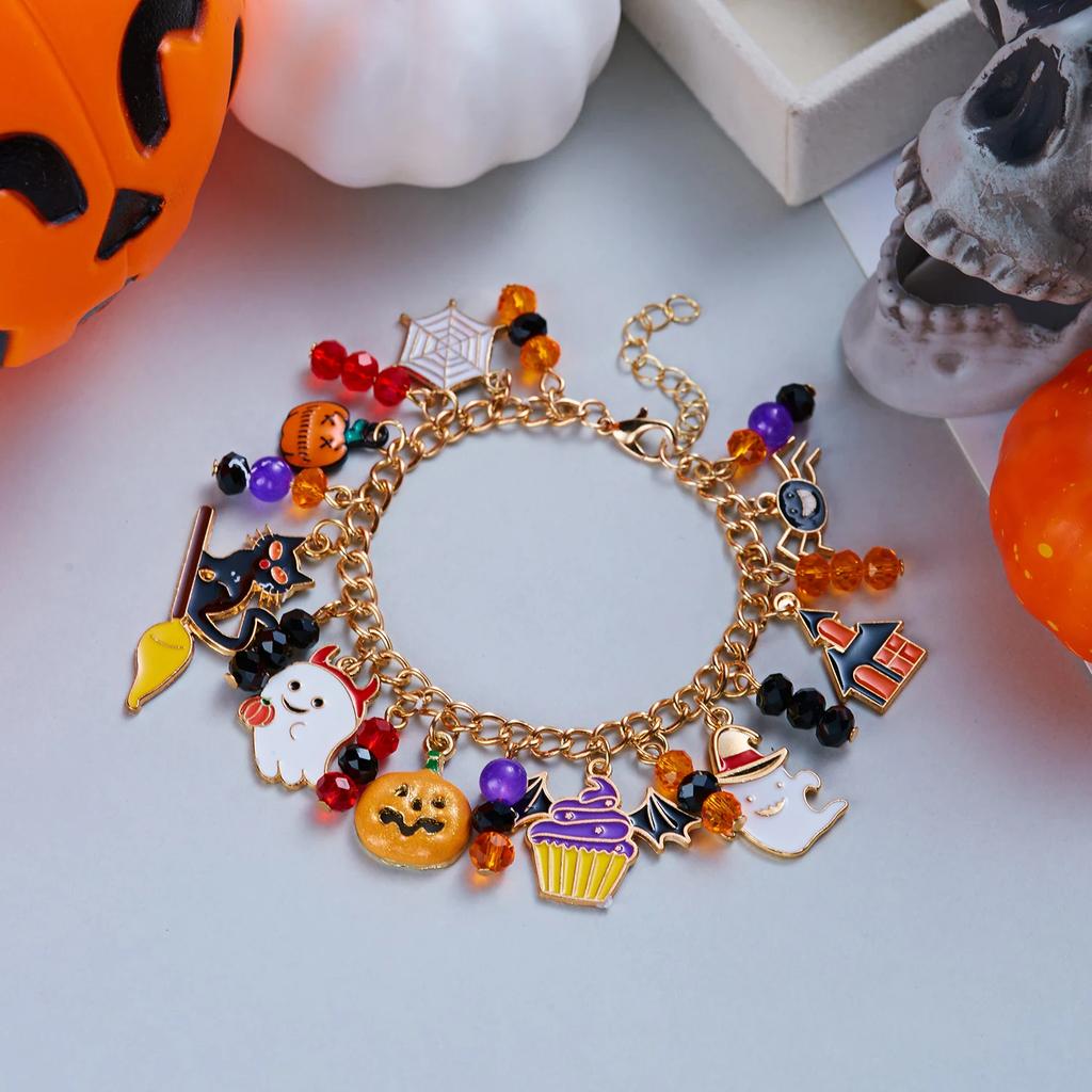 Gothic Punk Halloween Ghost Pumpkin Spider Skull Multi-Pendant Bracelet Unisex Fashion Jewelry Party Gift Handmade Craft
