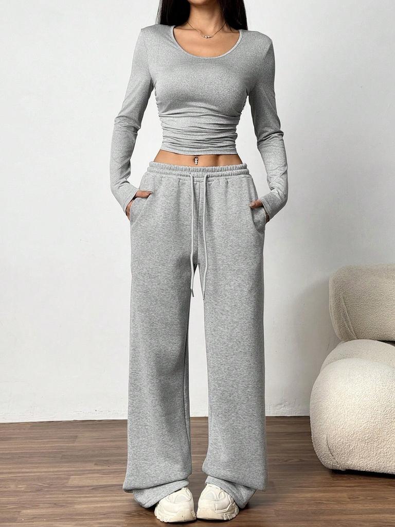 Women's Fashion Casual Wide Leg Pants Long Sleeve Crew Neck Solid Color Slim Fit Two Piece Set Autumn Winter Outfit
