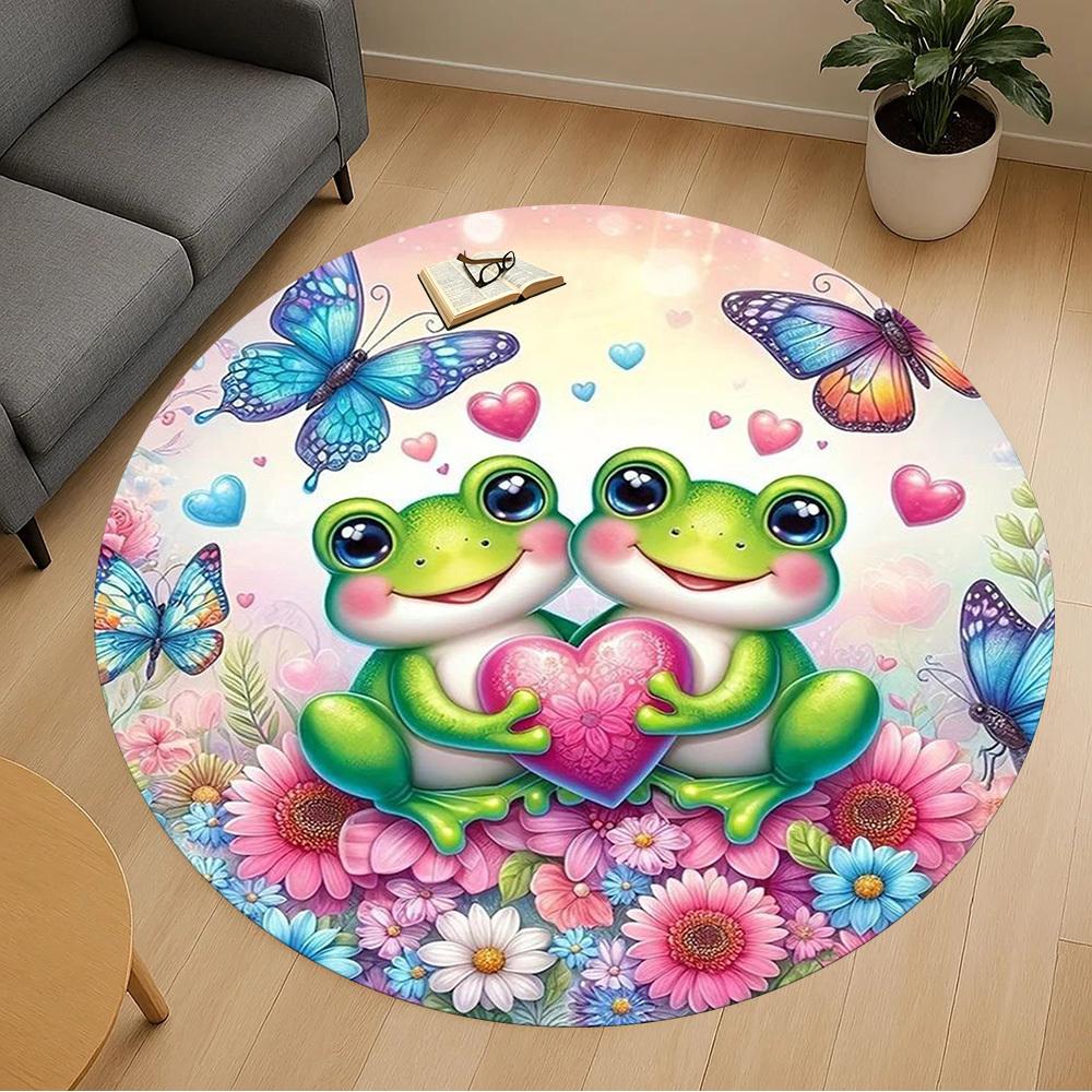 1PC Frogs Flowers Butterflies Round Chair Mat Area Rug - Non-Slip, Floor Mat for Office, Bedroom, Home Decor Christmas Gift C0528015