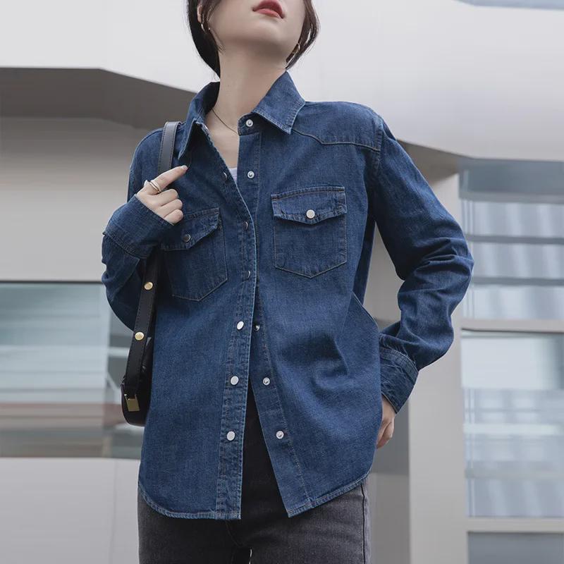 Women's Dark Blue Retro Denim Shirt Jacket – Small Size, Straight Shoulder, Perfect for Layering In Spring, Autumn, and Winter.