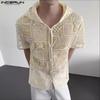 INCERUN Men Lapel Short Sleeve Lace Crochet Mesh Sheer Casual Loose Shirts Tops