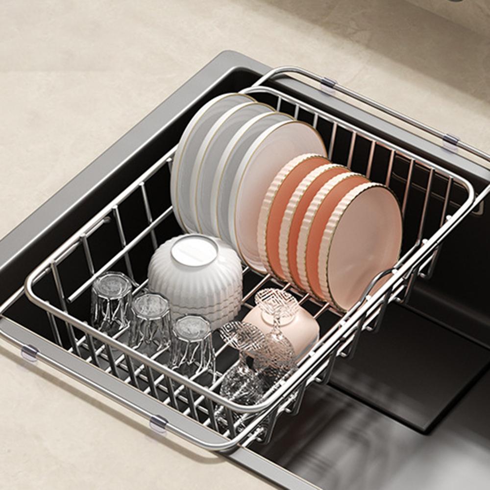 Kitchen Sink Drainer Basket Stainless Steel 30.5-42.5cm Adjustable Dish Drying Rack Organizer
