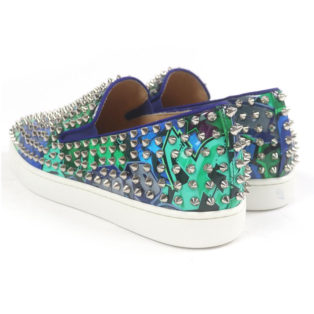 Makellose Christian Louboutin Low-Cut-Sneaker ROLLER BOAT mit Spikes und Nieten, Slipper, Blau, Gebraucht
