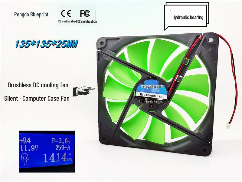 

Pengda Lantu 13.5CM Silent Green Fan Blade, 12V 0.26A Cooling Hydraulic Bearing Motherboard Three-Hole Two-Wire