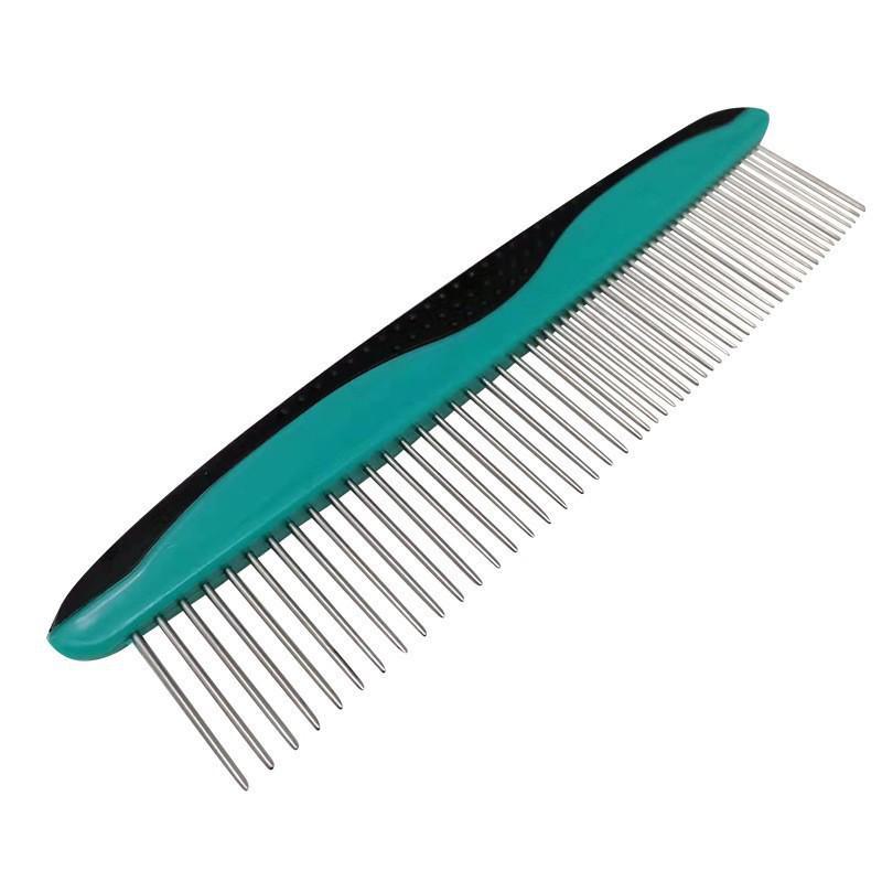 Cat & Dog Grooming Comb Set: Purple Comb with Large and Small Teeth, Stainless Steel Row Comb, and Bath Brush.