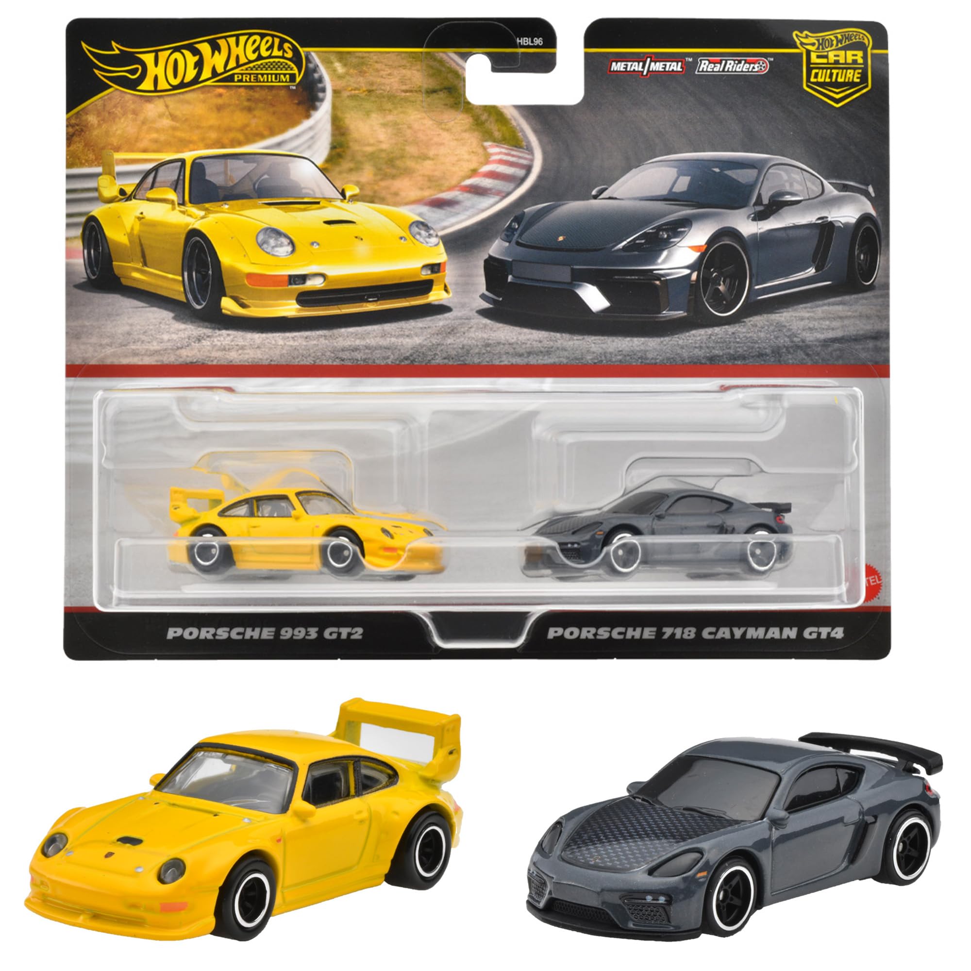 Hot Wheels Premium Porsche 993 GT2 Porsche 718 Cayman GT4 Vehicle Toy Diecast Cars Ages Multi HRR82 2-Pack / 3+