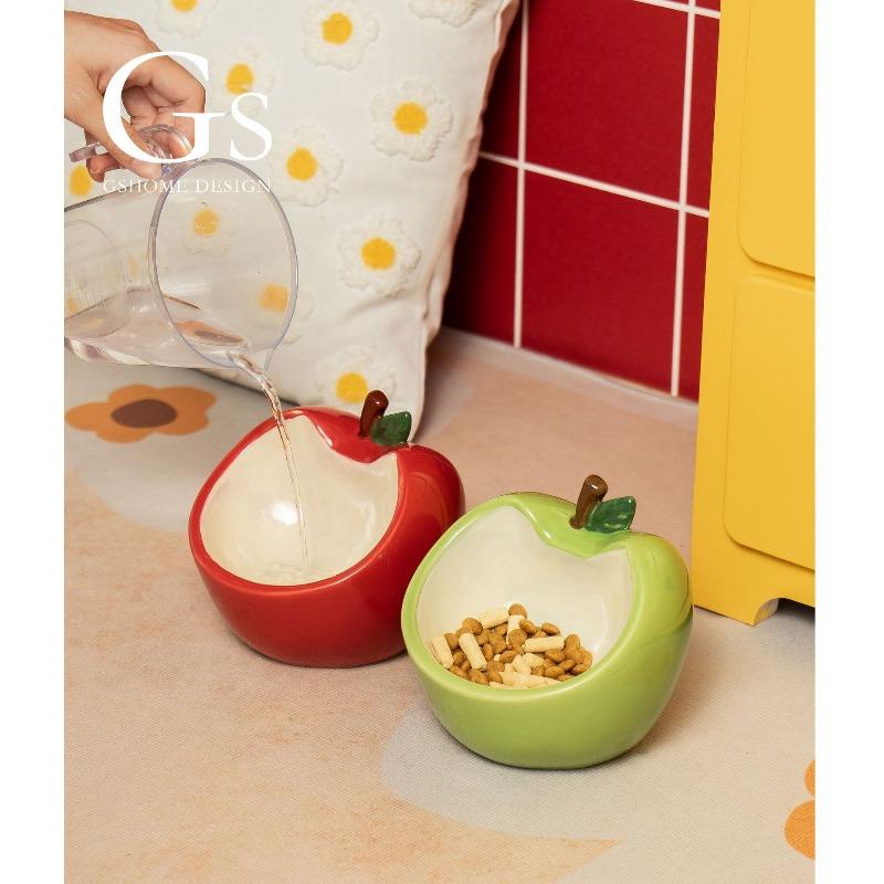 Apple Ceramic Bowl - Pet Bowl for Feeding Water and Food for Cats. Cat Food Dish. Dog Water Bowl. Neck Protection To Prevent Tipping Over.