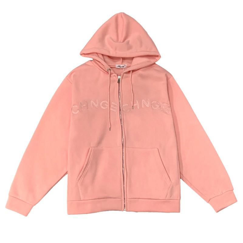 Women's 65% Cotton Embroidered Hooded Sweatshirt - Korean Style Loose Zip-up Jacket (2025 Student Collection)